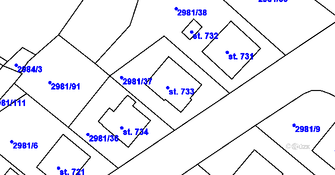 Parcela st. 733 v KÚ Kunžak, Katastrální mapa