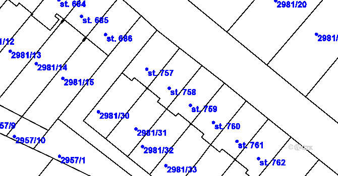 Parcela st. 758 v KÚ Kunžak, Katastrální mapa