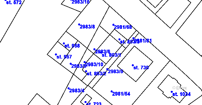 Parcela st. 803/1 v KÚ Kunžak, Katastrální mapa