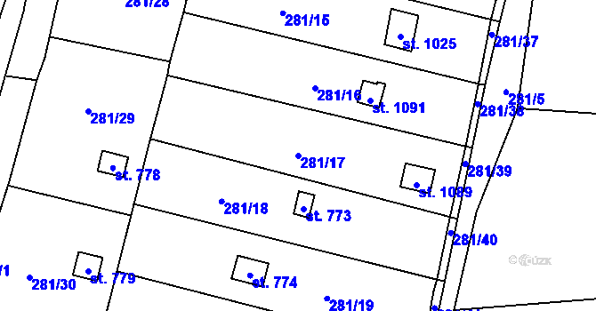 Parcela st. 281/17 v KÚ Kunžak, Katastrální mapa