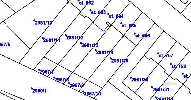 Parcela st. 2981/14 v KÚ Kunžak, Katastrální mapa