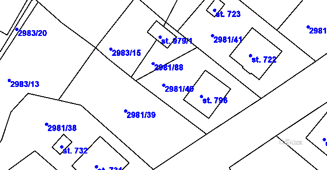 Parcela st. 2981/40 v KÚ Kunžak, Katastrální mapa