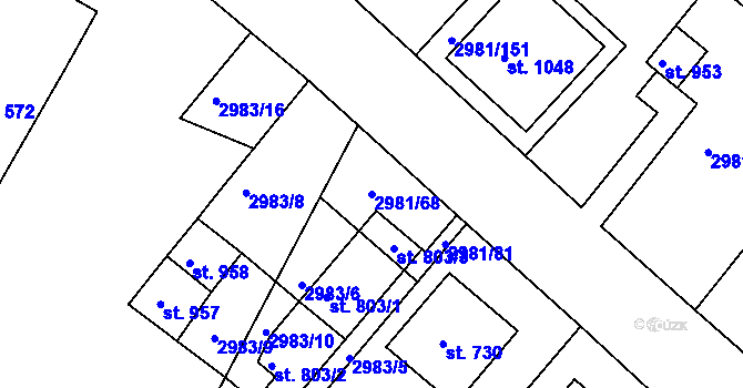 Parcela st. 2981/68 v KÚ Kunžak, Katastrální mapa