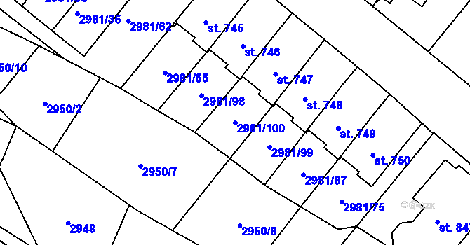 Parcela st. 2981/100 v KÚ Kunžak, Katastrální mapa