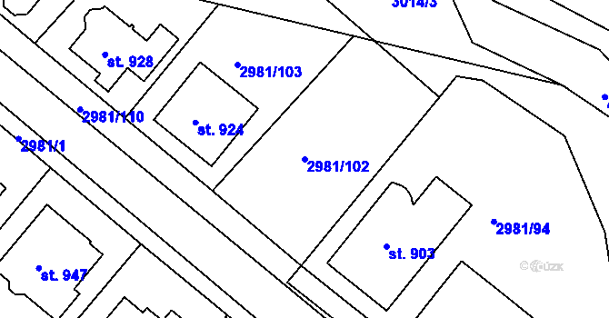 Parcela st. 2981/102 v KÚ Kunžak, Katastrální mapa