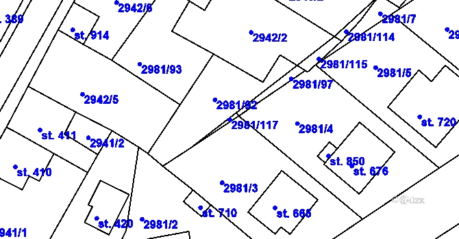 Parcela st. 2981/117 v KÚ Kunžak, Katastrální mapa