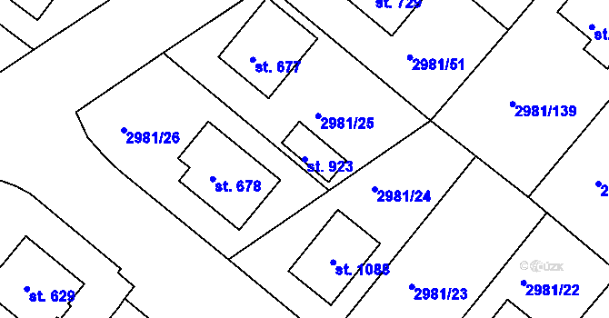 Parcela st. 923 v KÚ Kunžak, Katastrální mapa