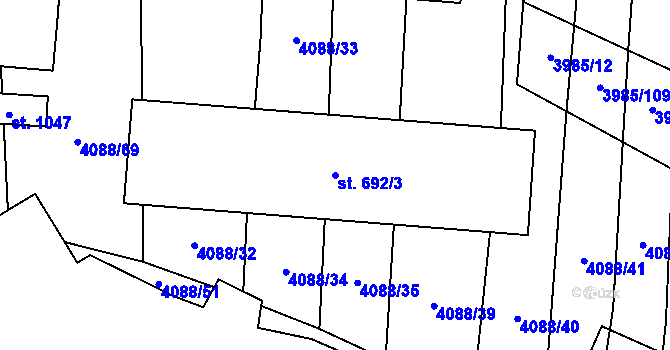 Parcela st. 692/3 v KÚ Kunžak, Katastrální mapa