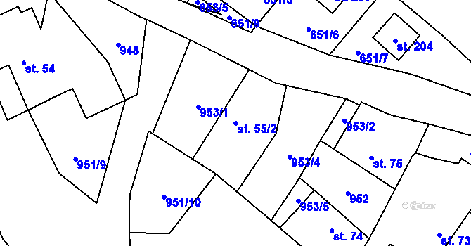 Parcela st. 55/2 v KÚ Mosty, Katastrální mapa