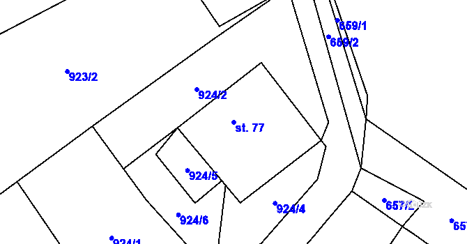 Parcela st. 77 v KÚ Mosty, Katastrální mapa