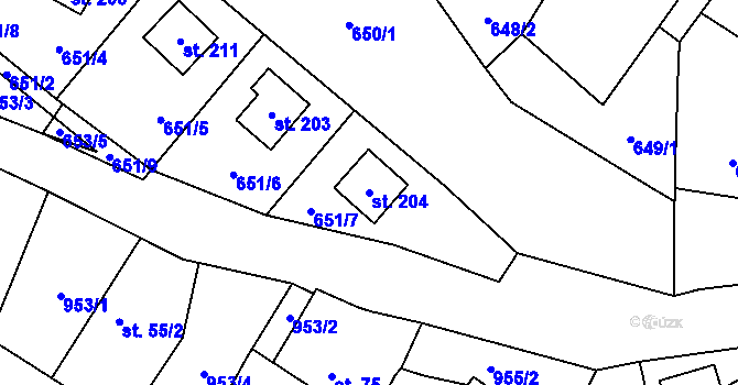 Parcela st. 204 v KÚ Mosty, Katastrální mapa