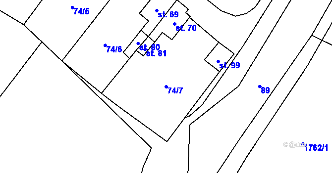 Parcela st. 74/7 v KÚ Kurojedy, Katastrální mapa