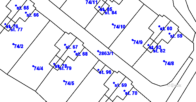 Parcela st. 2863/1 v KÚ Kurojedy, Katastrální mapa