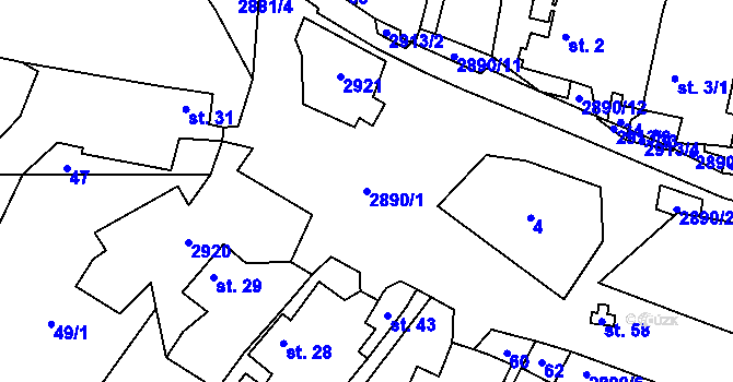 Parcela st. 2890/1 v KÚ Kurojedy, Katastrální mapa
