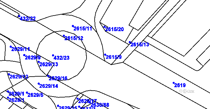 Parcela st. 2615/9 v KÚ Kuřim, Katastrální mapa