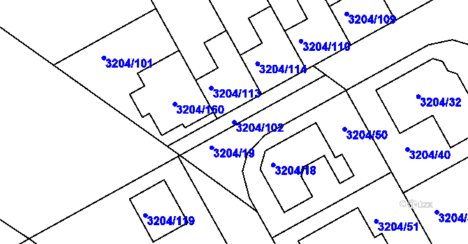 Parcela st. 3204/102 v KÚ Kuřim, Katastrální mapa