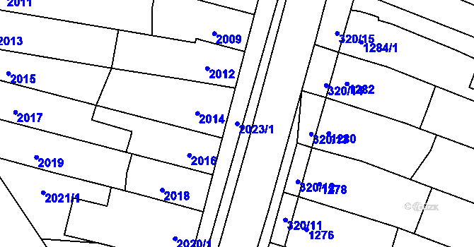 Parcela st. 2023/1 v KÚ Kuřim, Katastrální mapa