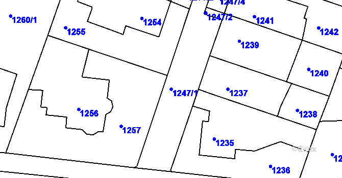 Parcela st. 1247/1 v KÚ Kuřim, Katastrální mapa