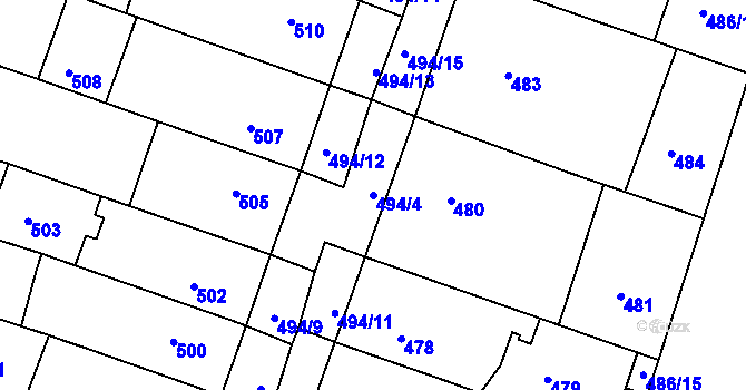 Parcela st. 494/4 v KÚ Kuřim, Katastrální mapa