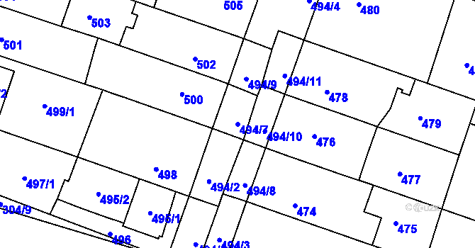 Parcela st. 494/7 v KÚ Kuřim, Katastrální mapa