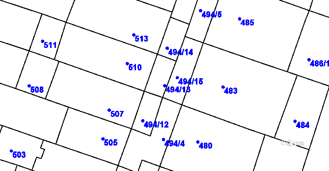 Parcela st. 494/13 v KÚ Kuřim, Katastrální mapa