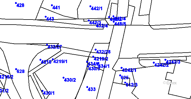 Parcela st. 432/28 v KÚ Kuřim, Katastrální mapa
