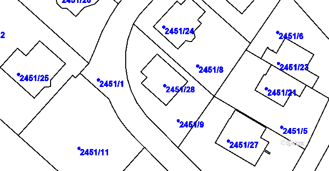 Parcela st. 2451/28 v KÚ Kuřim, Katastrální mapa