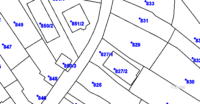 Parcela st. 827/1 v KÚ Kuřim, Katastrální mapa