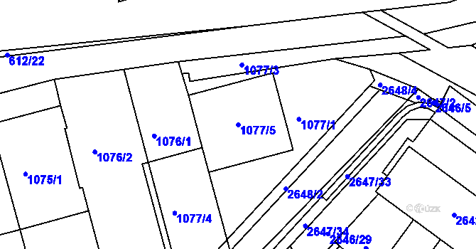Parcela st. 1077/5 v KÚ Kuřim, Katastrální mapa