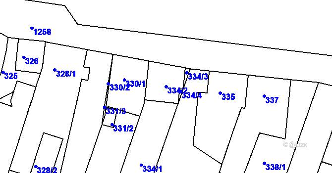 Parcela st. 334/2 v KÚ Kuřim, Katastrální mapa