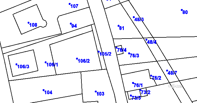 Parcela st. 105/2 v KÚ Kuřim, Katastrální mapa
