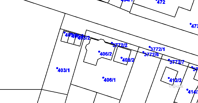 Parcela st. 406/2 v KÚ Kuřim, Katastrální mapa