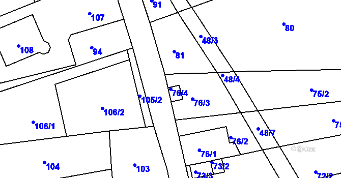 Parcela st. 76/4 v KÚ Kuřim, Katastrální mapa