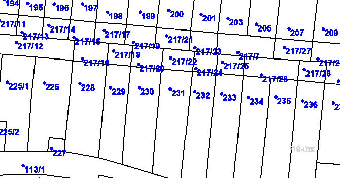 Parcela st. 231 v KÚ Kuřim, Katastrální mapa