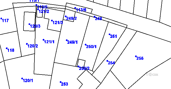 Parcela st. 250/1 v KÚ Kuřim, Katastrální mapa