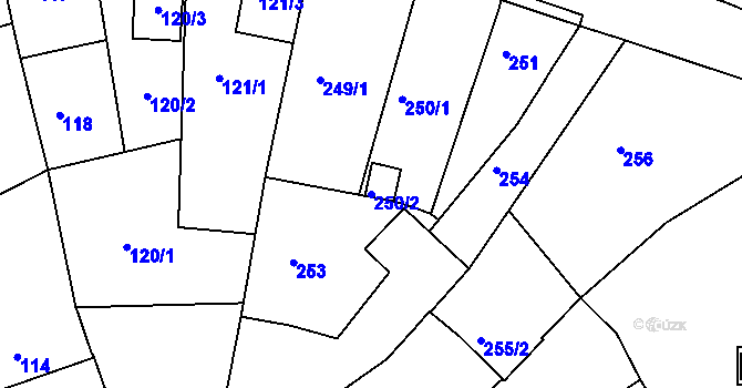 Parcela st. 250/2 v KÚ Kuřim, Katastrální mapa