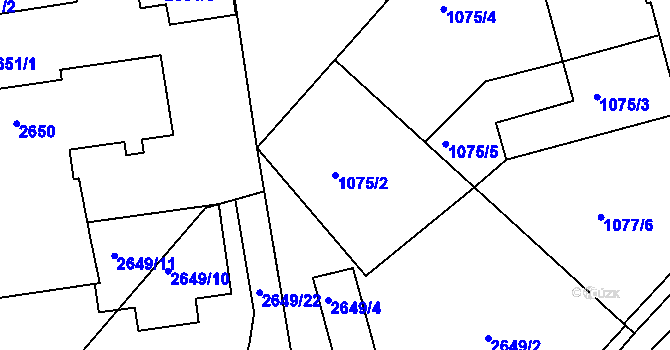 Parcela st. 1075/2 v KÚ Kuřim, Katastrální mapa