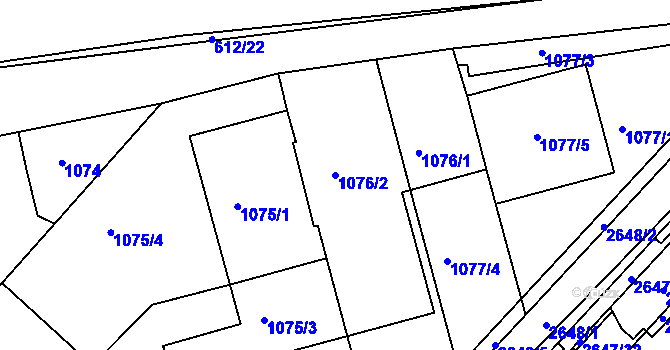 Parcela st. 1076/2 v KÚ Kuřim, Katastrální mapa