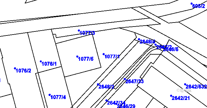Parcela st. 1077/1 v KÚ Kuřim, Katastrální mapa