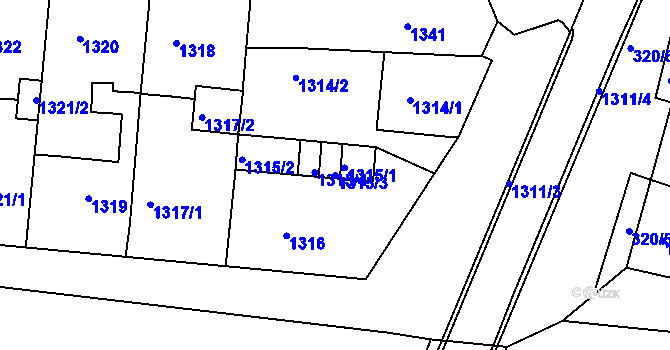 Parcela st. 1315/3 v KÚ Kuřim, Katastrální mapa