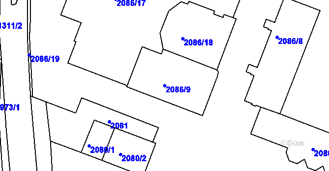 Parcela st. 2086/9 v KÚ Kuřim, Katastrální mapa
