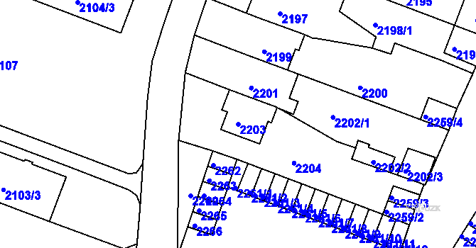 Parcela st. 2203 v KÚ Kuřim, Katastrální mapa