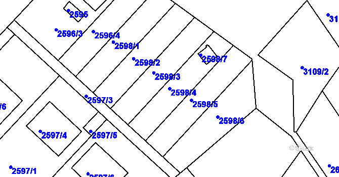 Parcela st. 2598/4 v KÚ Kuřim, Katastrální mapa