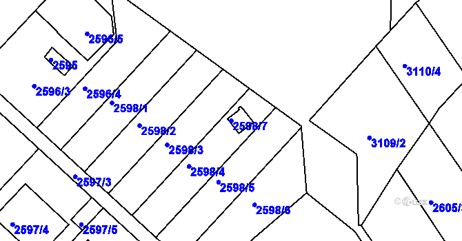 Parcela st. 2598/7 v KÚ Kuřim, Katastrální mapa