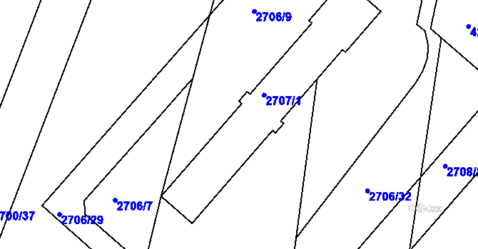 Parcela st. 2707/1 v KÚ Kuřim, Katastrální mapa