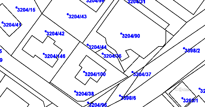 Parcela st. 3204/36 v KÚ Kuřim, Katastrální mapa