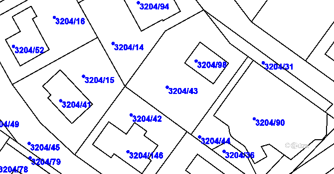 Parcela st. 3204/43 v KÚ Kuřim, Katastrální mapa