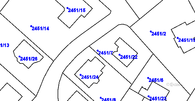 Parcela st. 2451/7 v KÚ Kuřim, Katastrální mapa