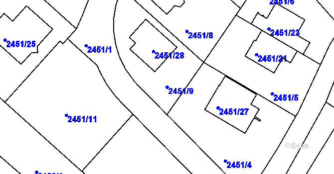 Parcela st. 2451/9 v KÚ Kuřim, Katastrální mapa