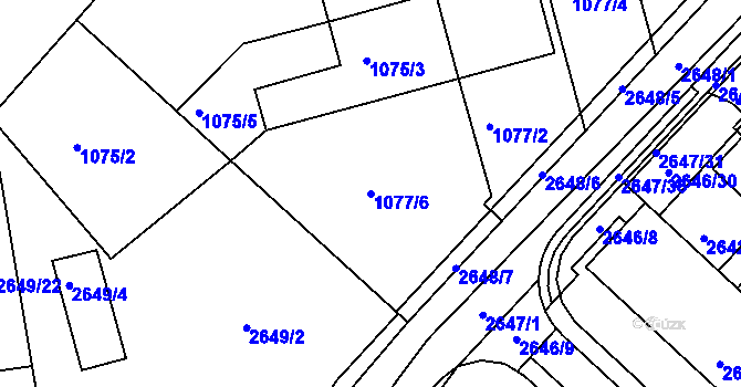 Parcela st. 1077/6 v KÚ Kuřim, Katastrální mapa
